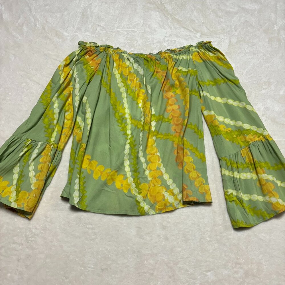 Lexbreezy Hawaii Off the Shoulder Blouse 3XL Lei Mau Loa Sage Aloha Wear Floral